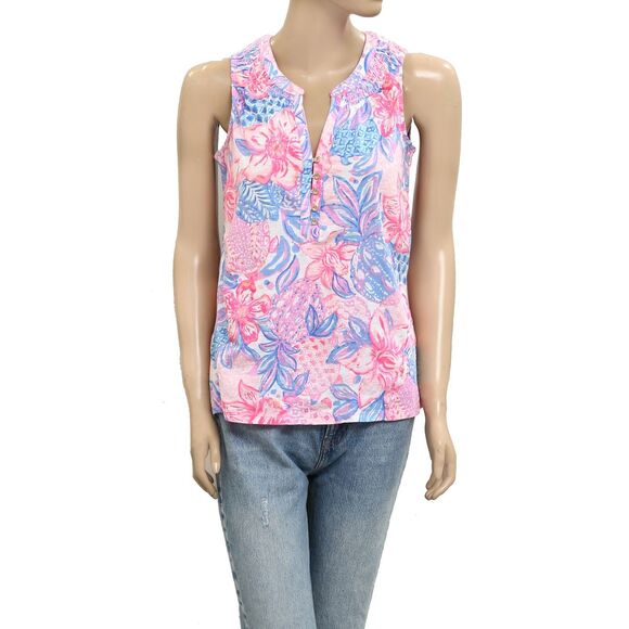 Lilly Pulitzer Essie Floral Pineapple Printed Tank Tunic Top Cotton XS 282116 - Picture 1 of 5